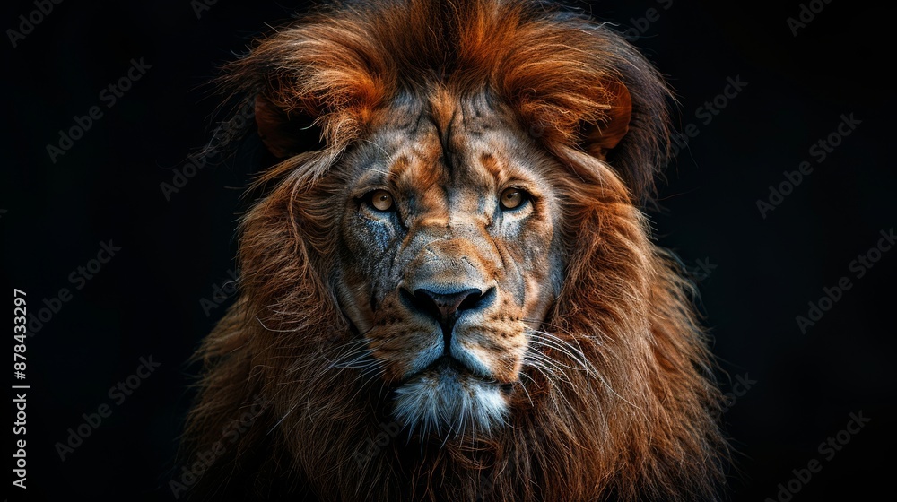Fototapeta premium Stunning portrait of a majestic lion with a flowing mane, staring intensely with a powerful gaze. The king of the jungle exudes strength and presence in this captivating image