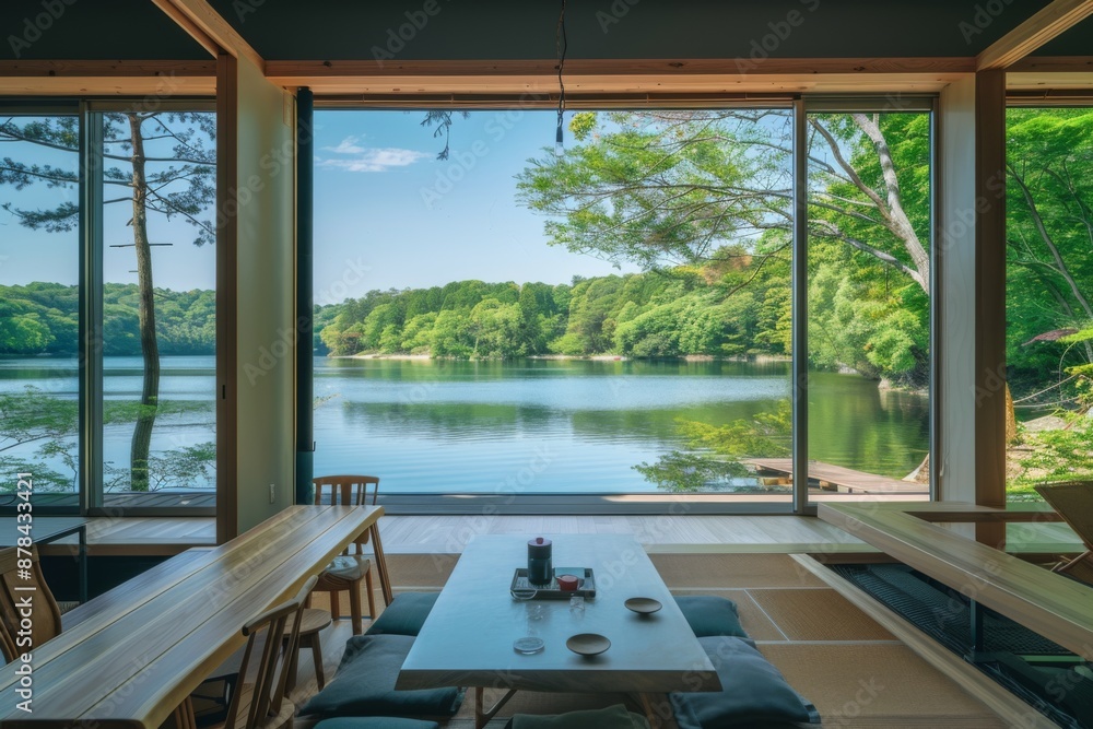 Fototapeta premium Modern Japanese Tea Room with Lake View.
