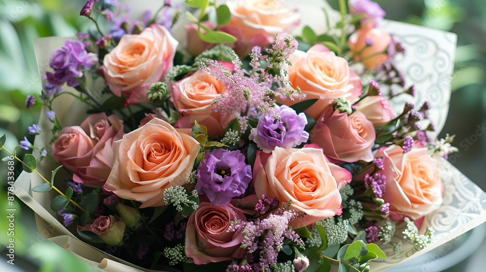 A vibrant bouquet of flowers, predominantly featuring roses in shades of pink and peach. The roses are surrounded by smaller purple flowers and green foliage. A vibrant bouquet of flowers, predominantly featuring roses in shades of pink and peach. The roses are surrounded by smaller purple flowers and green foliage.
