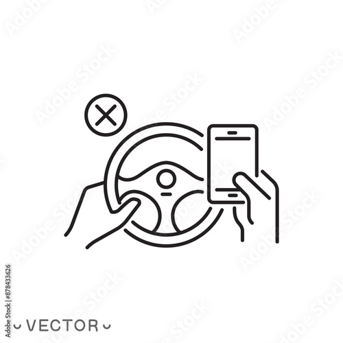 icon of using a phone while driving is prohibited, stop steering wheel with mobile, thin line symbol isolated on white background, editable stroke eps 10 vector illustration