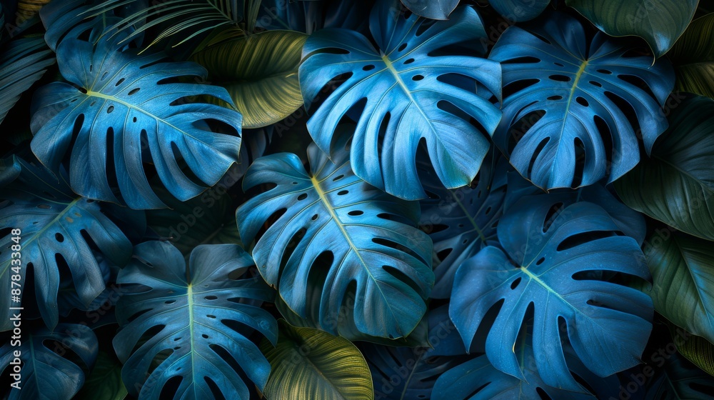 Vibrant tropical leaves in deep blue and green overlap, creating a soothing natural background perfect for adding exotic beauty to designs Vibrant tropical leaves in deep blue and green overlap, creating a soothing natural background perfect for adding exotic beauty to designs