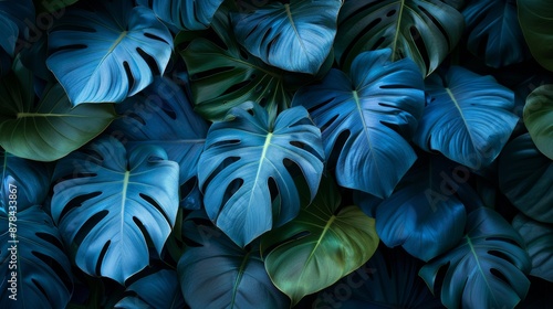 Wallpaper Mural Tropical monstera leaves in blue and green overlap beautifully, creating a stunning natural pattern for backgrounds, adding exotic beauty to any design project Torontodigital.ca