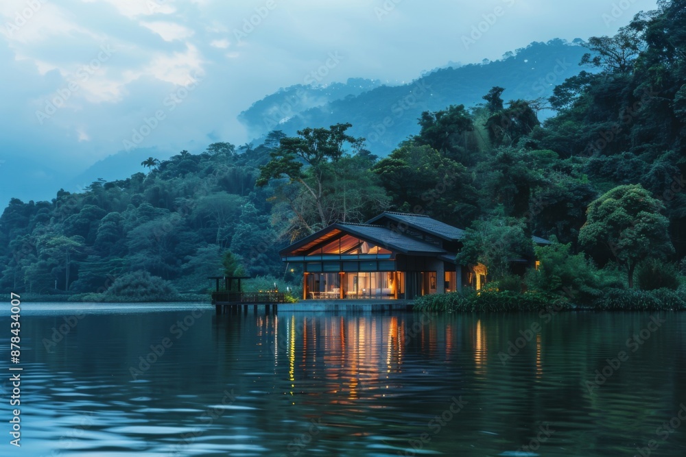 Fototapeta premium Tranquil Lakeside Retreat with a Modern Cabin.