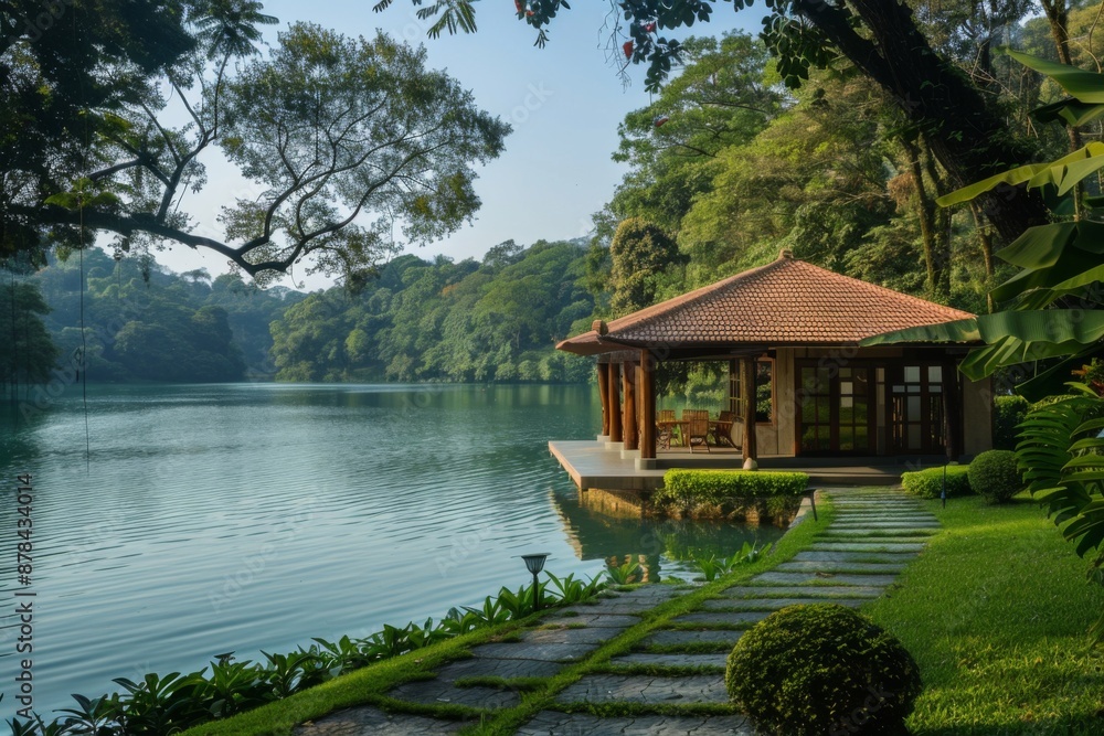 Tranquil Lakeside Gazebo with Lush Greenery. Tranquil Lakeside Gazebo with Lush Greenery.