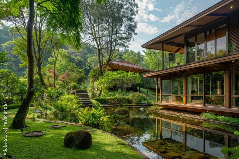 Tranquil Modern Home with Reflection Pool and Lush Greenery. Tranquil Modern Home with Reflection Pool and Lush Greenery.