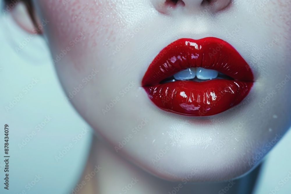 Obraz premium A woman's lips, painted a vibrant red, glisten under a soft light.