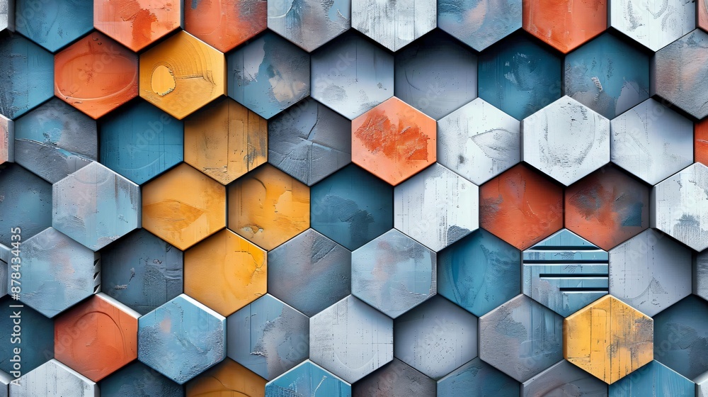 Hexagonal honeycomb patterns with a mix of solid and textured shapes in various colors Hexagonal honeycomb patterns with a mix of solid and textured shapes in various colors