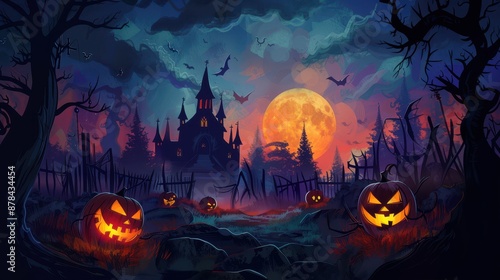 A spooky scene featuring a haunted house silhouetted against a full moon, surrounded by eerie jack-o-lanterns in a dark and misty night setting. © Design Depot