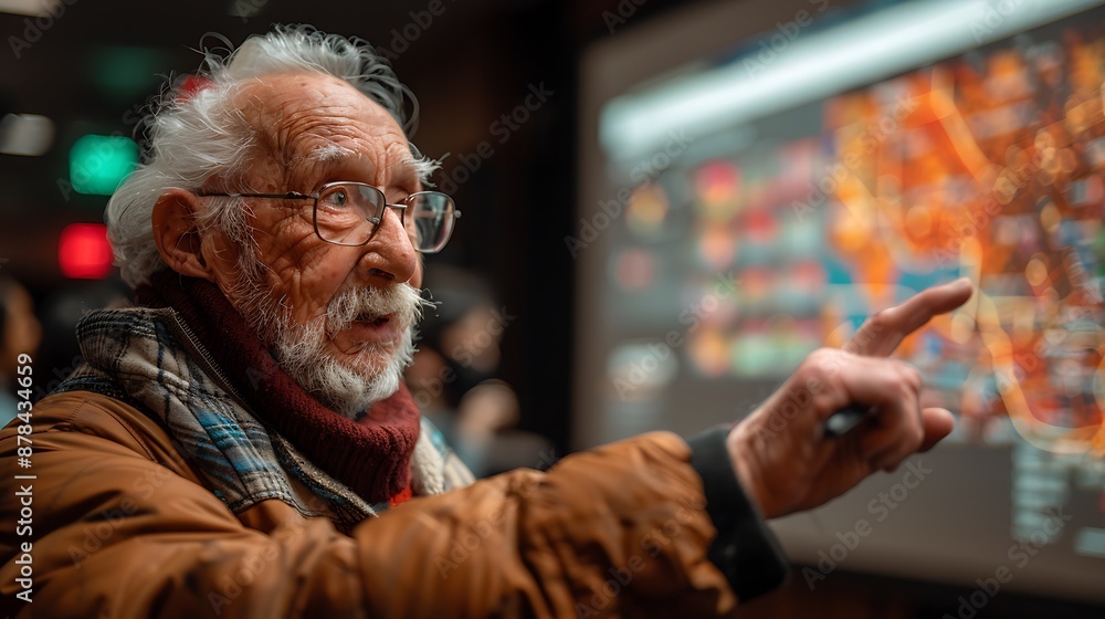 Elderly Man Engaged in a Technology Lesson with Digital Screen Elderly Man Engaged in a Technology Lesson with Digital Screen