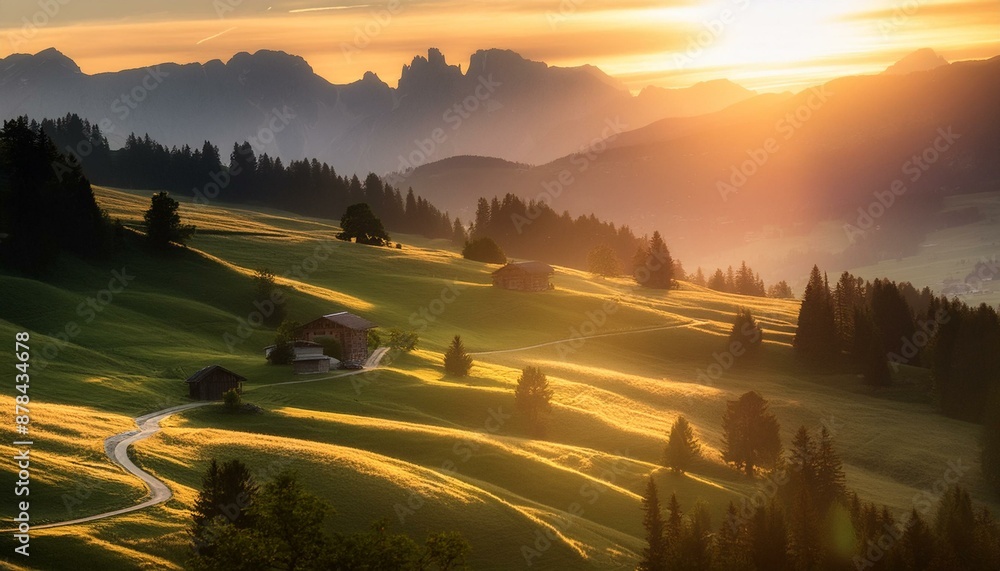 Fototapeta premium Dawn light rays on meadows of Sesto