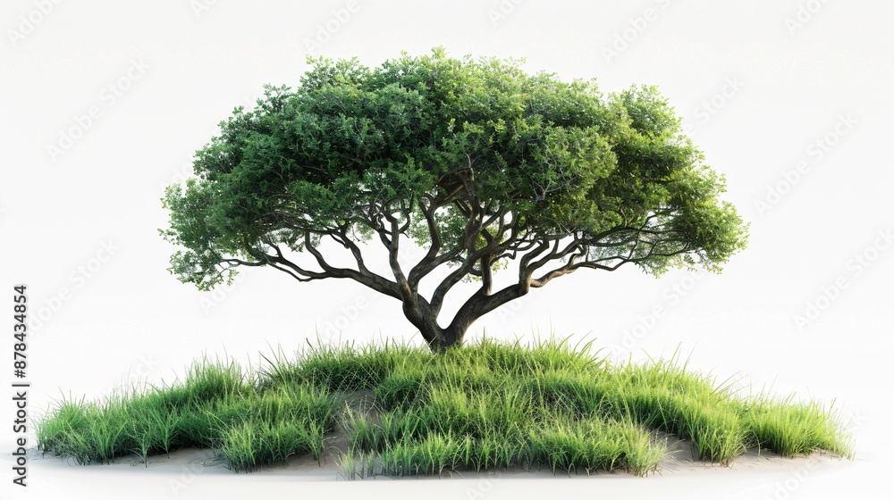 Serene Tree with Lush Grass Cluster on Studio White Background Serene Tree with Lush Grass Cluster on Studio White Background