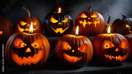 Sinister Pumpkin Faces Illuminated by Candlelight