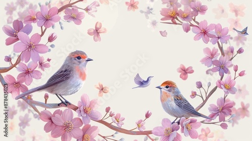 A delicate illustration of two birds perched on blooming branches adorned with pink blossoms and surrounded by other birds, capturing a charming and serene nature scene.