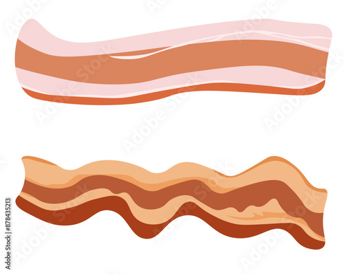 Raw and fried bacon, two pieces of pork meat product popular in breakfasts