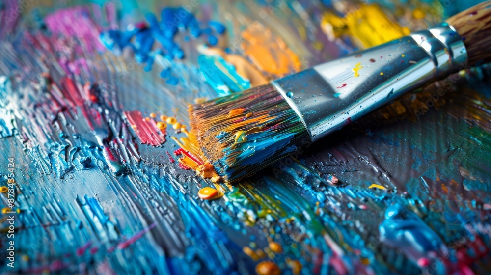 A paintbrush on a colorful palette, surrounded by art and office supplies A paintbrush on a colorful palette, surrounded by art and office supplies