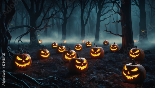 Creepy Jack-o'-Lanterns in a Dark Forest
