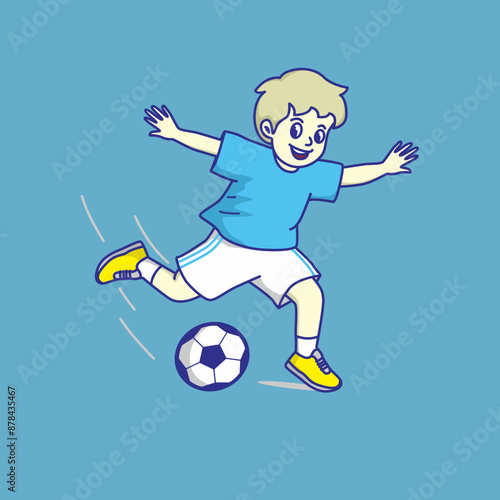 boy wearing blue jersey playing football,in a ball kicking pose vector cartoon illustration.isolated on blue background