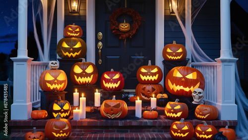 Halloween Porch with Carved Pumpkins and Flickering Candles