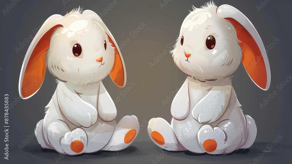 A delightful illustration of two bunnies with orange ears and endearing expressions, sitting side by side on a grey background, evoking a sense of charm and warmth. A delightful illustration of two bunnies with orange ears and endearing expressions, sitting side by side on a grey background, evoking a sense of charm and warmth.