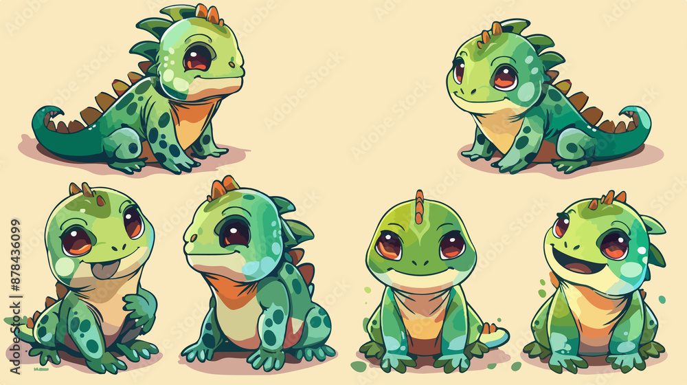 Fototapeta premium 4 sets of iguana kawaii chibi Emoji character sticker emoticon smile emotion mascot illustration