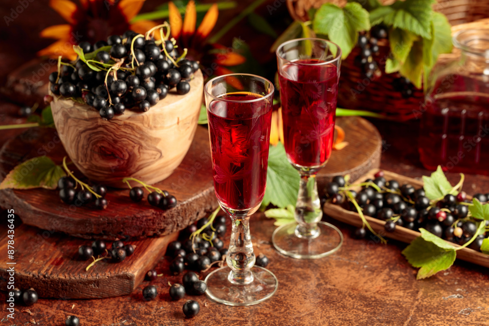 Black currant liquor and ripe juicy berries. Black currant liquor and ripe juicy berries.