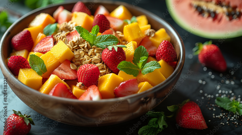 Healthy fitness breakfast featuring granola and fresh fruit Healthy fitness breakfast featuring granola and fresh fruit