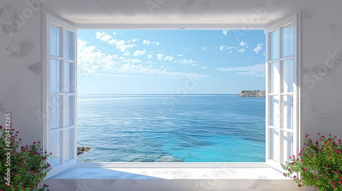 An open window frames a breathtaking ocean view with calm blue waters and clear sky, flanked by blossoming flowers. Perfect for a serene and peaceful scenery lover. © Design Depot