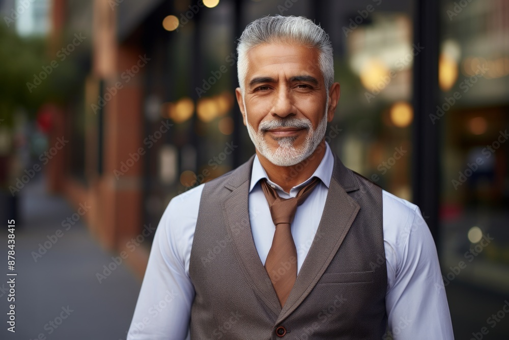 Portrait of a satisfied indian man in his 60s dressed in a polished vest while standing against sophisticated corporate office background Portrait of a satisfied indian man in his 60s dressed in a polished vest while standing against sophisticated corporate office background