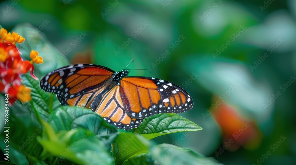 A beautiful Monarch Butterfly with orange and black wings is perched on a vibrant green leaf, adjacent to a cluster of small red flowers, depicting nature's elegance. A beautiful Monarch Butterfly with orange and black wings is perched on a vibrant green leaf, adjacent to a cluster of small red flowers, depicting nature's elegance.