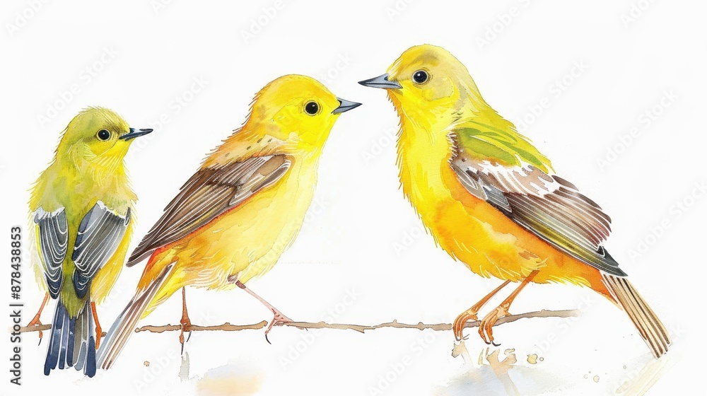 This image shows three yellow birds, each with unique details, interacting on a branch. The scene captures the lively essence of wildlife and nature in a harmonious, vibrant art. This image shows three yellow birds, each with unique details, interacting on a branch. The scene captures the lively essence of wildlife and nature in a harmonious, vibrant art.