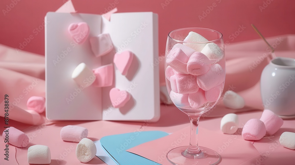 An artistic composition displaying pink and white marshmallows in a glass next to an open book, set against a soft pink background, invoking a sense of softness and comfort. An artistic composition displaying pink and white marshmallows in a glass next to an open book, set against a soft pink background, invoking a sense of softness and comfort.