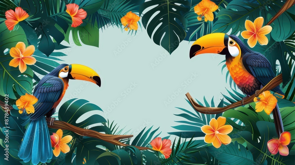An eye-catching illustration of two toucans perched on branches, surrounded by vibrant tropical leaves and flowers, creating a heart-shaped frame in the center. An eye-catching illustration of two toucans perched on branches, surrounded by vibrant tropical leaves and flowers, creating a heart-shaped frame in the center.
