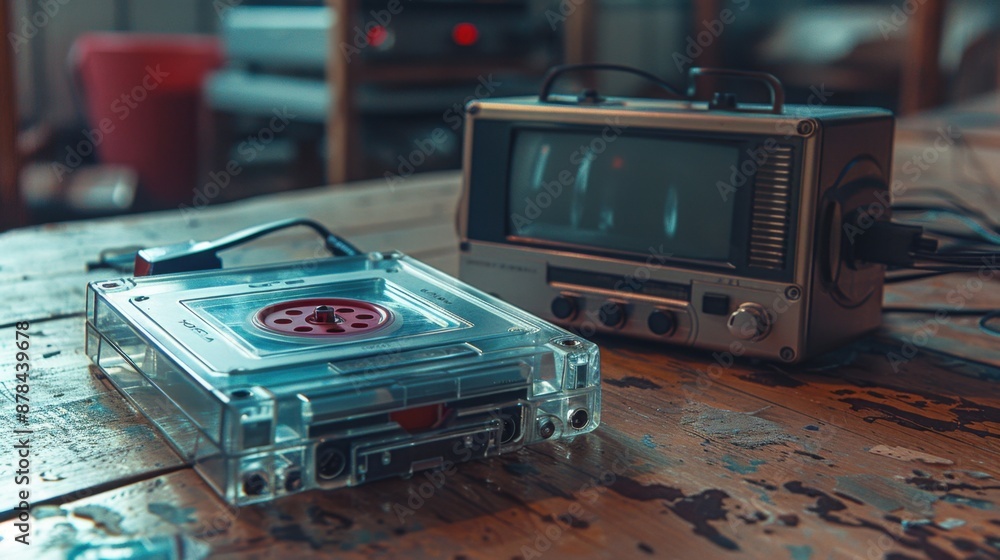 Fototapeta premium a cassette tape next to a modern MP3 player in a high-resolution photographic style 