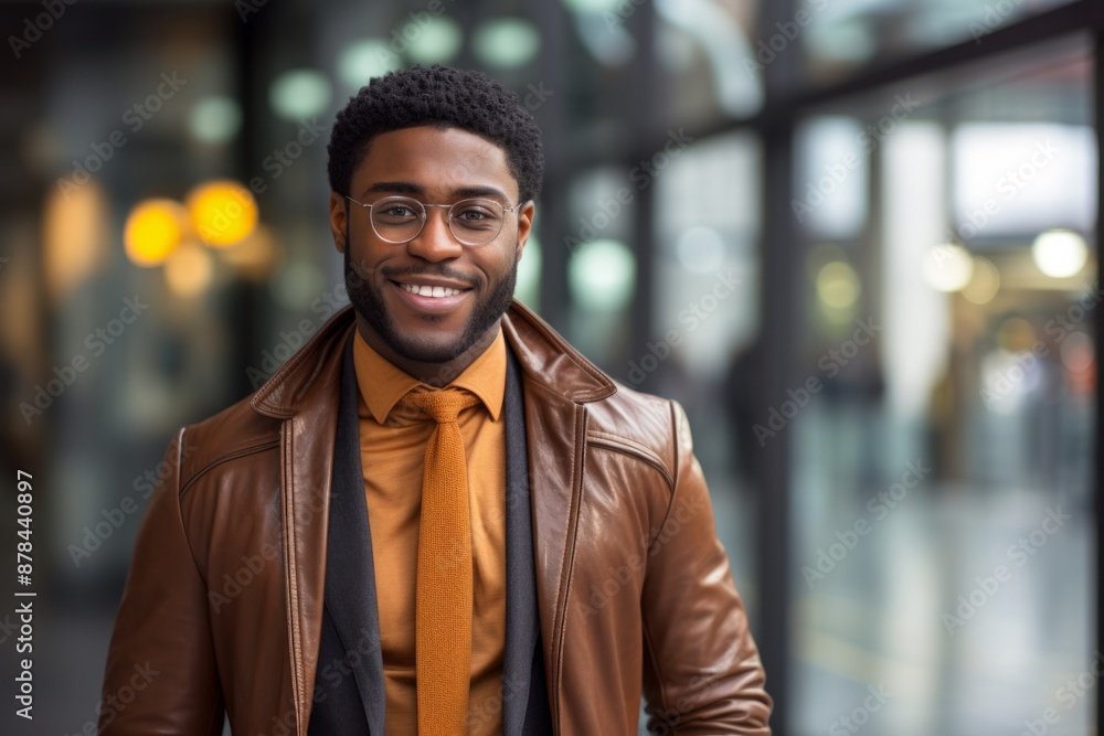 Obraz premium Portrait of a cheerful afro-american man in his 20s sporting a stylish leather blazer while standing against sophisticated corporate office background