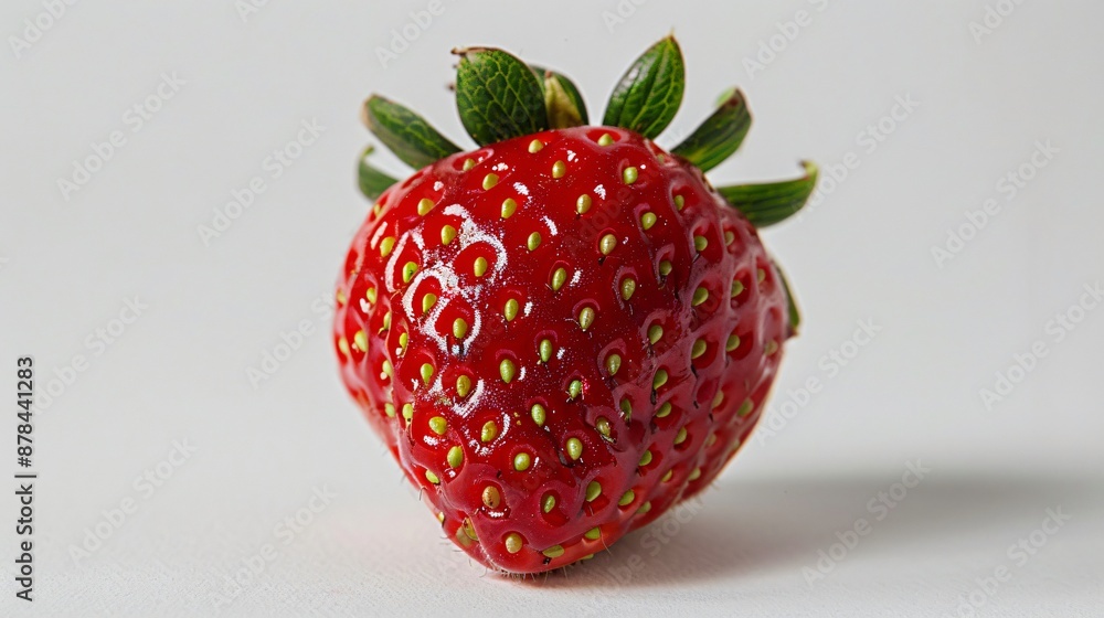 Vibrant Fresh Strawberry with Seeds and Green Leaves on White Background Vibrant Fresh Strawberry with Seeds and Green Leaves on White Background
