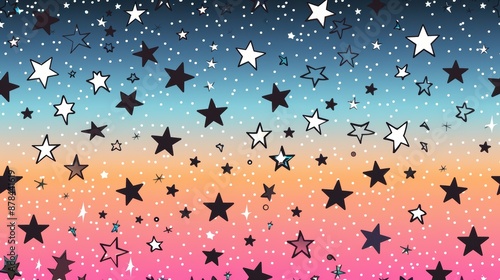 An artistic representation of black and white stars scattered on a gradient background transitioning from blue to pink, dotted with white points for a dreamy effect. photo