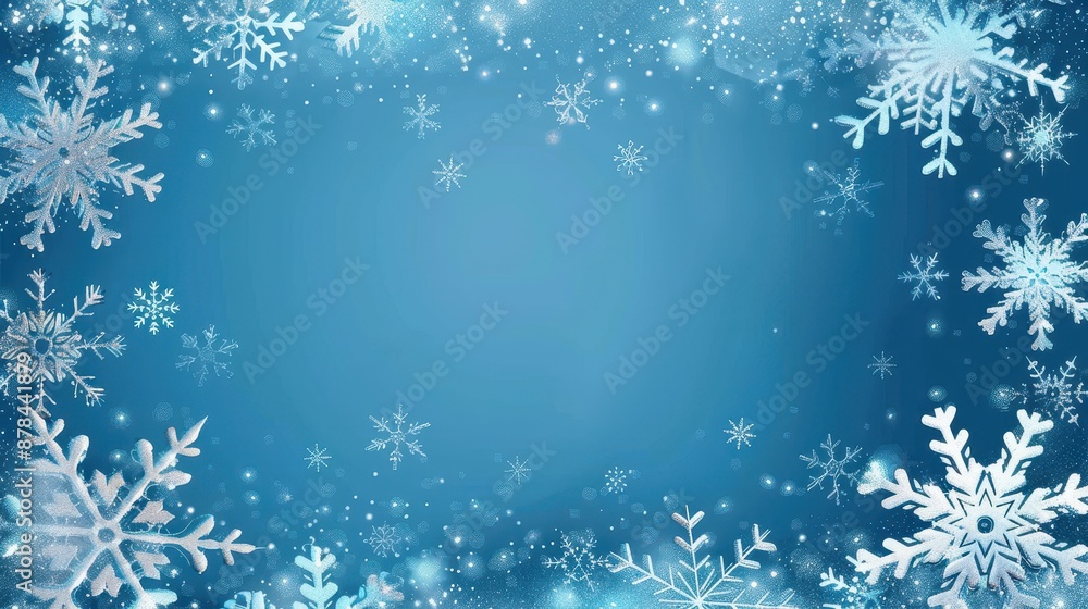 A mesmerizing view of various intricately designed snowflakes gently cascading on a serene blue winter sky, encapsulating the magical and tranquil essence of the winter season. A mesmerizing view of various intricately designed snowflakes gently cascading on a serene blue winter sky, encapsulating the magical and tranquil essence of the winter season.