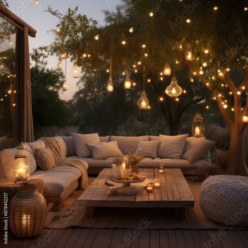 Transform your backyard into a cozy oasis with a stylish couch, a trendy coffee table, and enchanting string lights. Ideal for unwinding and savoring the evening breeze.