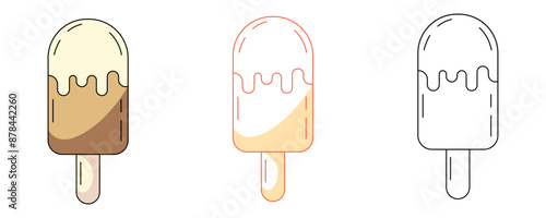 Chocolate ice cream on a stick, colorful and line icons set. Summer sweet refreshing milk dessert, vector outline icon, monochrome and color illustration. For logo, sticker, coloring book, label