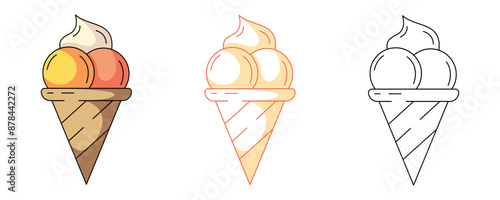 Ice cream balls in a waffle cone, colorful and line icons set. Summer sweet refreshing milk dessert, vector outline icon, monochrome and color illustration. For logo, sticker, coloring book, label