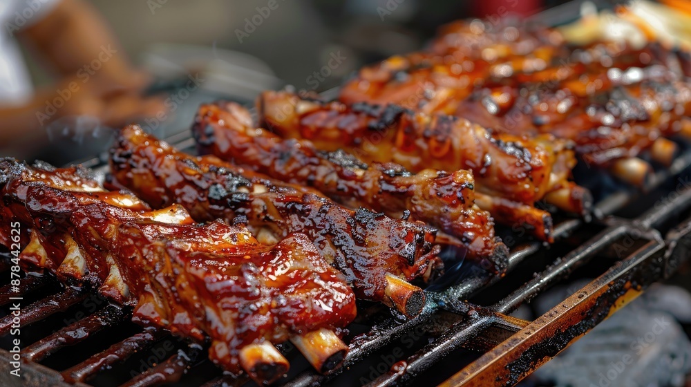 Grilled ribs with visible grill marks indicating a barbecue or grilling process and appears well cooked and juicy Street food market Grilled ribs with visible grill marks indicating a barbecue or grilling process and appears well cooked and juicy Street food market