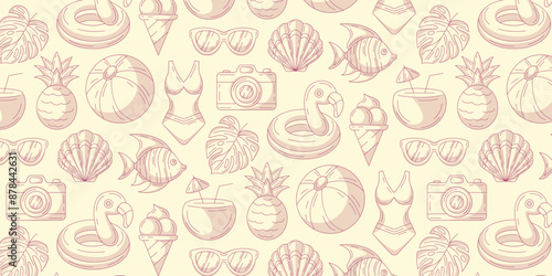 Minimalist monochrome summer seamless pattern, beach elements, isolated background. Swimsuit, pineapple, seashell, glasses, fish, flamingo, coconut cocktail. For cover, wrapping paper, textile print