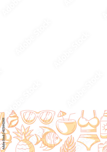 Summer vertical a4 poster, minimalist monochrome orange beach elements, accessories icons. Bottom border frame, copy space, isolated on white. For card, banner, invitation, social media, planner