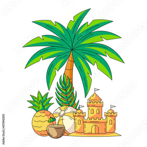 Composition with summer beach elements and accessories under the palm tree. Inflatable ball, sand castle, coconut cocktail, pineapple. Flat vector illustration for sticker, scrapbook, social media.