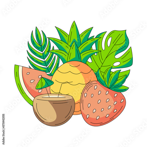 Composition with tropical, exotic food, fruits, cocktail. Watermelon, pineapple, strawberry, coconut drink with umbrella. Flat vector illustration for sticker, scrapbook, social media.
