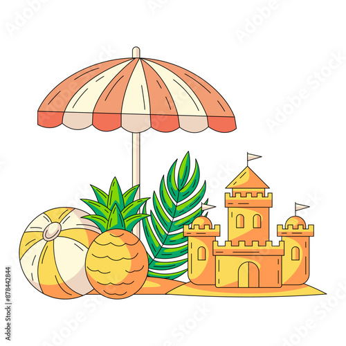 Composition with summer beach elements and accessories under an umbrella. Inflatable ball, pineapple, sand castle, tropical leaf. Flat vector illustration for sticker, scrapbook, social media