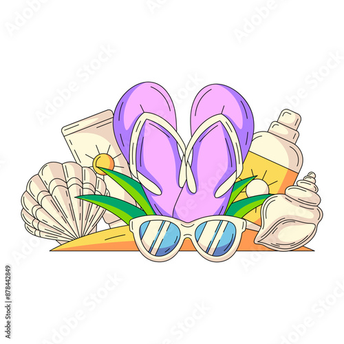 Composition with summer beach elements in sand. Flip flops, sunscreen, sunglasses, seashell. Flat vector illustration for sticker, scrapbook, social media. Holiday and vacation, travel concept