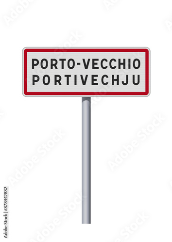 Panneau d'entrée de la ville de Porto-Vecchio et la traduction en Corse Portivechju (Corse du Sud) en vectoriel