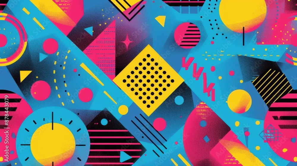 Vivid abstract design with sharp geometric figures like triangles, circles, and squares in vibrant colors, showcasing a modern, eye-catching and energetic composition. Vivid abstract design with sharp geometric figures like triangles, circles, and squares in vibrant colors, showcasing a modern, eye-catching and energetic composition.
