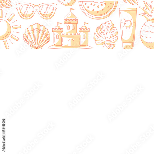 Summer square card, minimalist monochrome orange beach accessories icons. Upper border frame, copy space, isolated on white. For poster, flyer, banner, invitation, social media, postcard, party